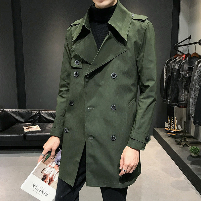 Men's loose double-breasted mid-length trench coat