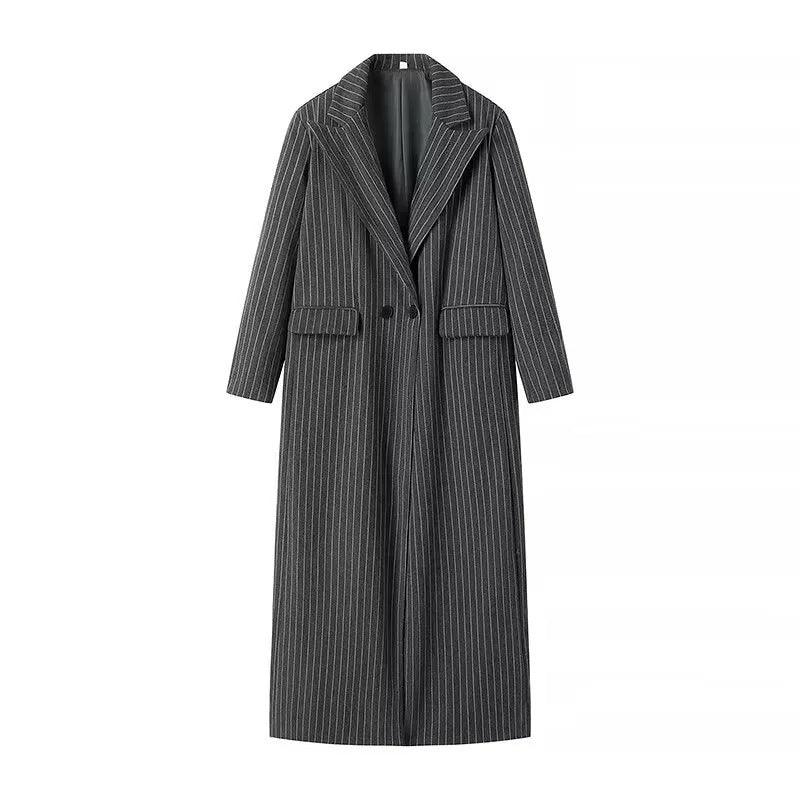 Women’s long striped wool coat with notched lapels, double-breasted buttons, flap pockets
