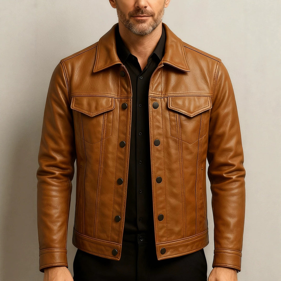 Men's brown slim-fit pilot jacket, lapel collar, button front, chest flap pockets