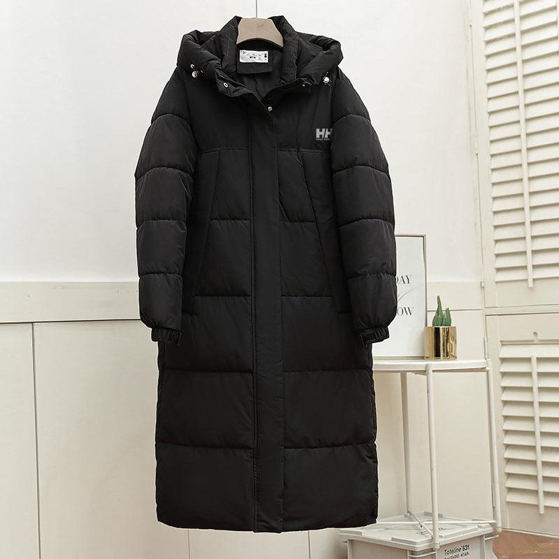 Black hooded long puffer coat on hanger, button front and quilted insulation