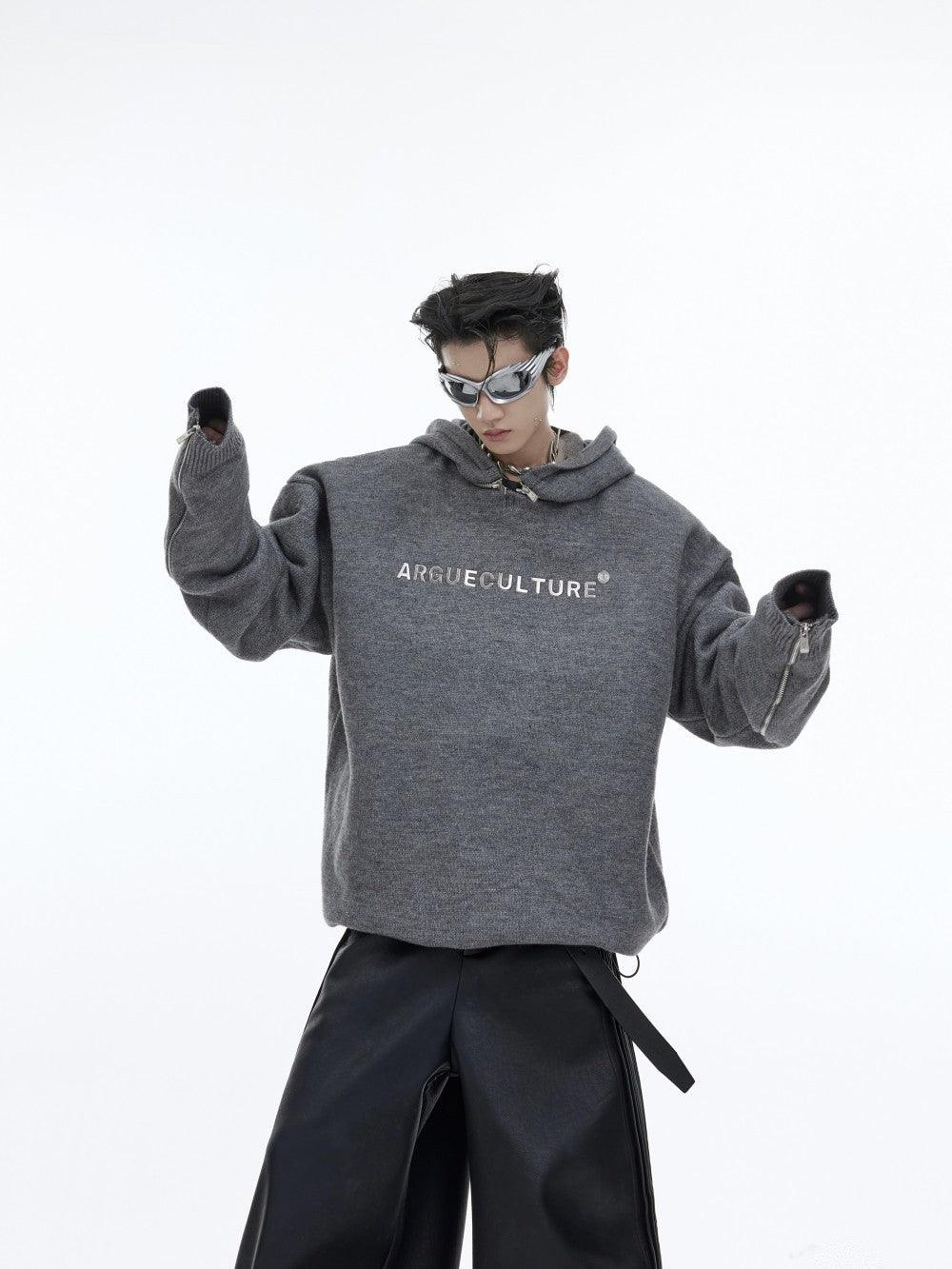 Deconstructed Metal Zipper Knitted Hooded Sweater - WOMONA.COM