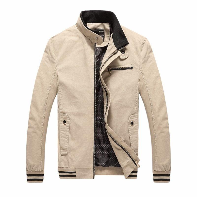 Men's cotton jacket in beige, zip front with stand collar and flap pockets.