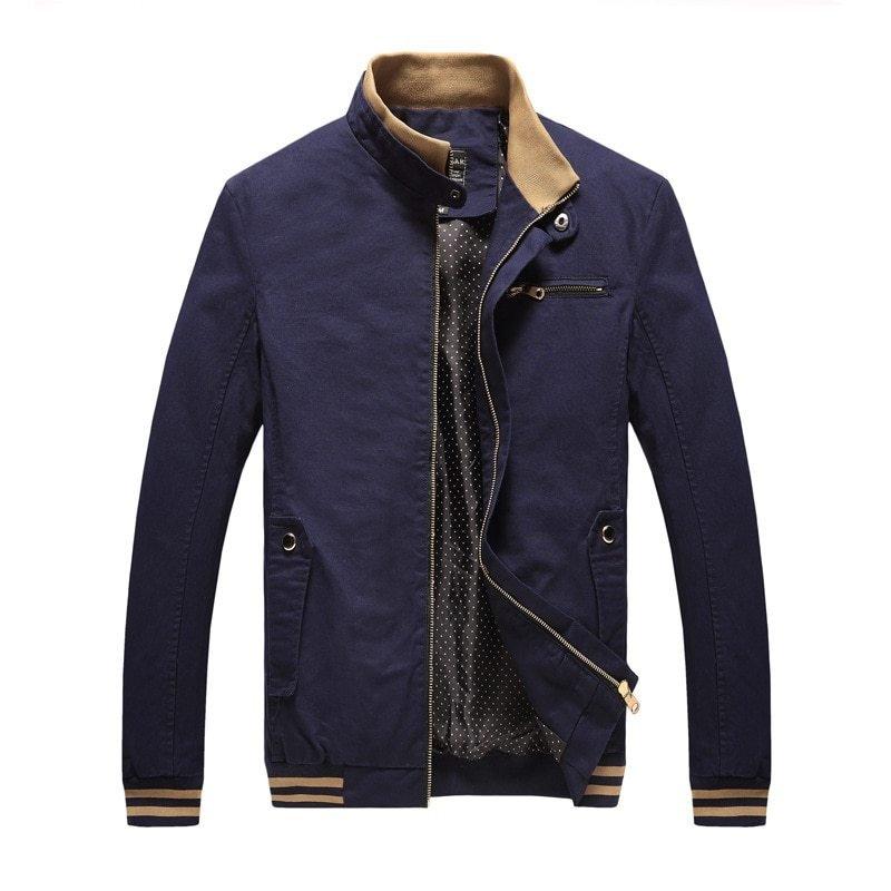 Men's cotton jacket in navy blue, zip front with stand collar and flap pockets.
