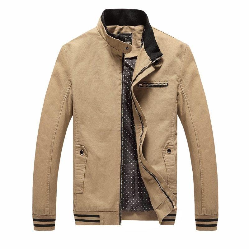 Men's cotton jacket in khaki, zip front, stand collar, and flap chest pockets.