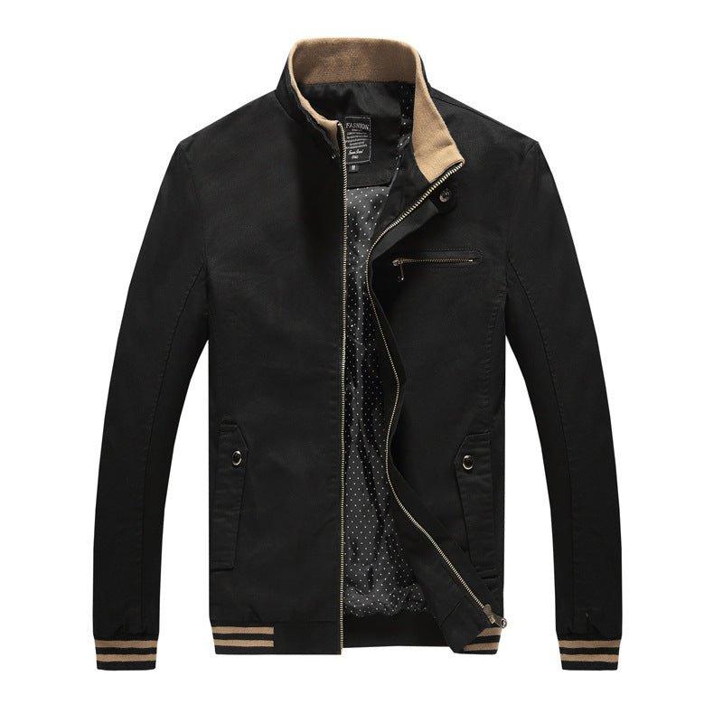 Men's cotton jacket, dark black with zip front, stand collar, and flap pockets.