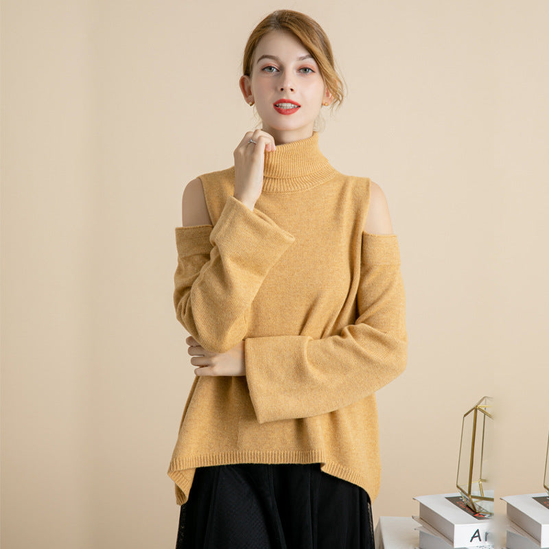 Wool off shoulder high neck knitted solid color coat - WOMONA.COM