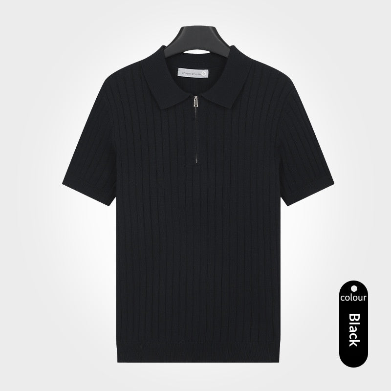 Black ribbed knit polo shirt with lapel collar and short sleeves, half-zip