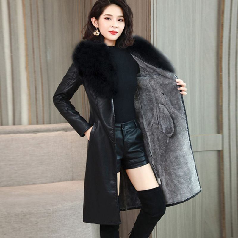 Velvet Warm Long Leather Jacket - WOMONA.COM