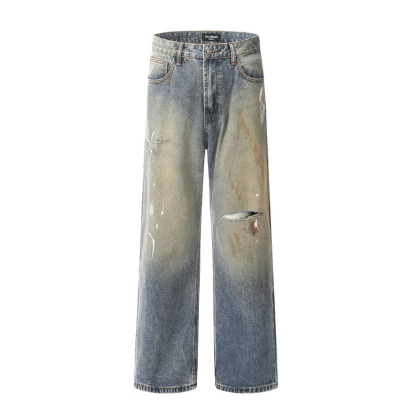 Yellow Mud Dyed Ripped Jeans For Men - WOMONA.COM