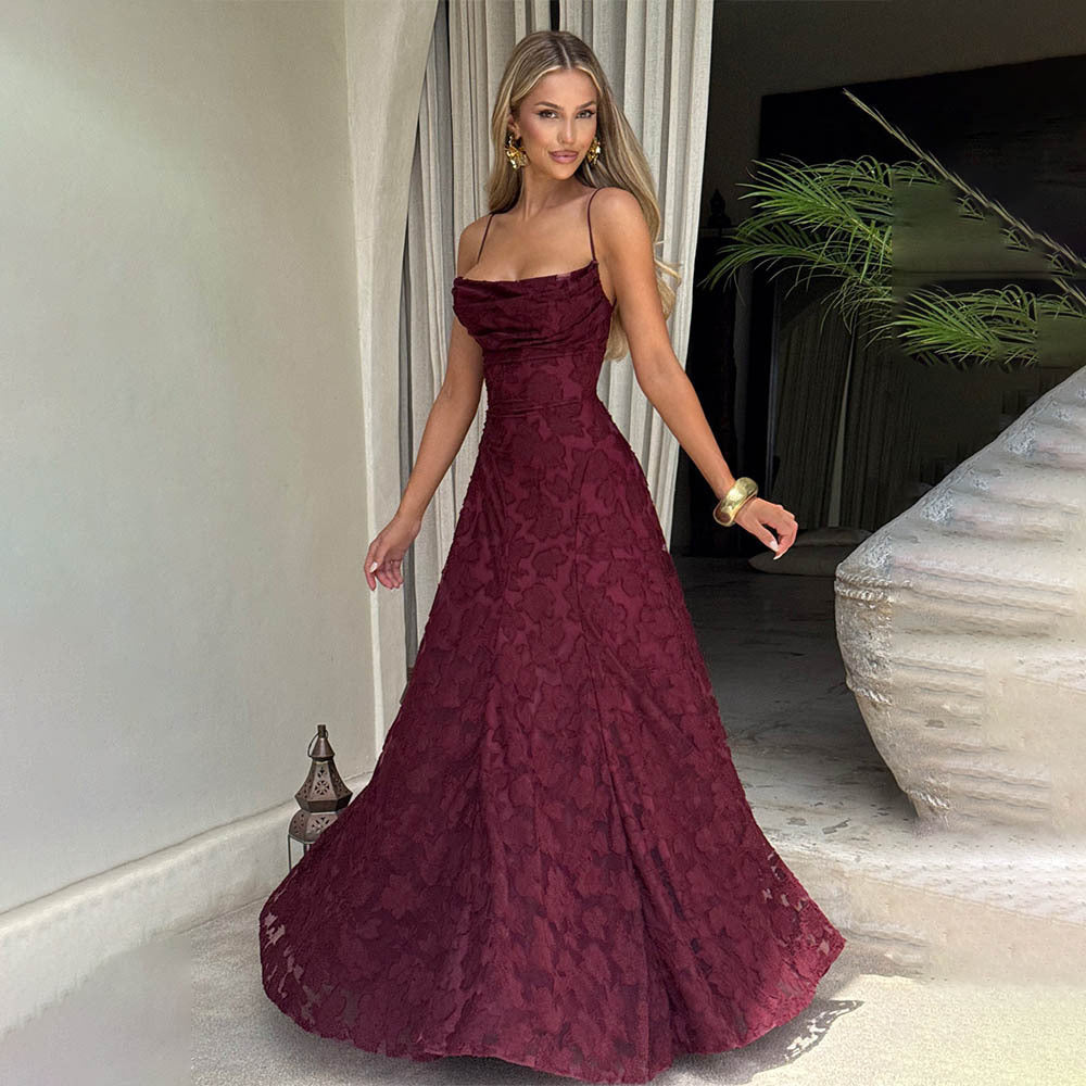 Wine red maxi dress with spaghetti straps and textured lace floral pattern