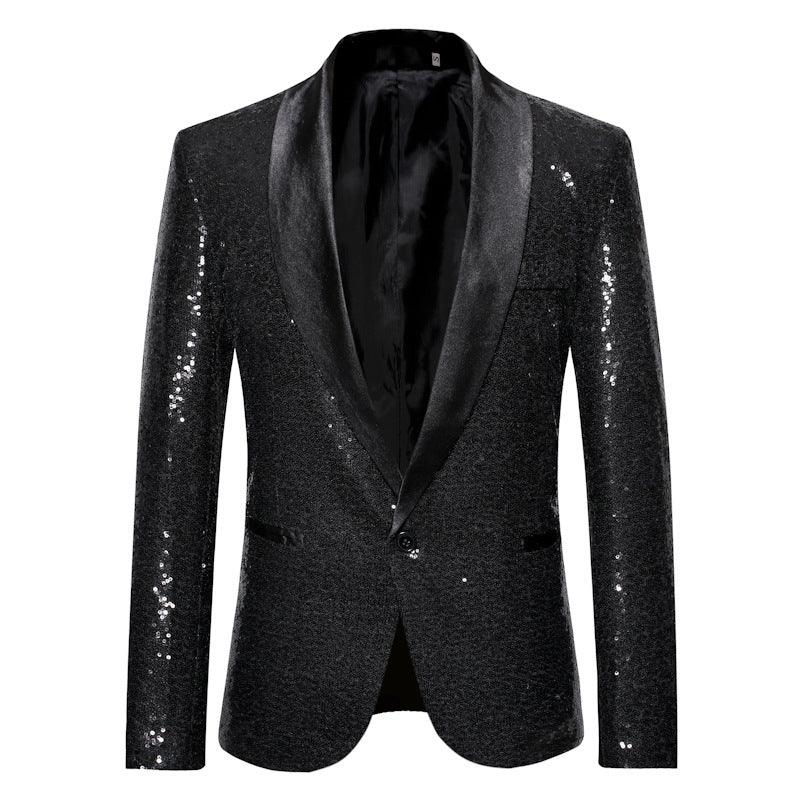 Men's sequin blazer suit in black with black satin shawl lapels and button front