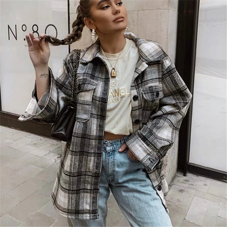 Women's black British plaid woolen shirt jacket