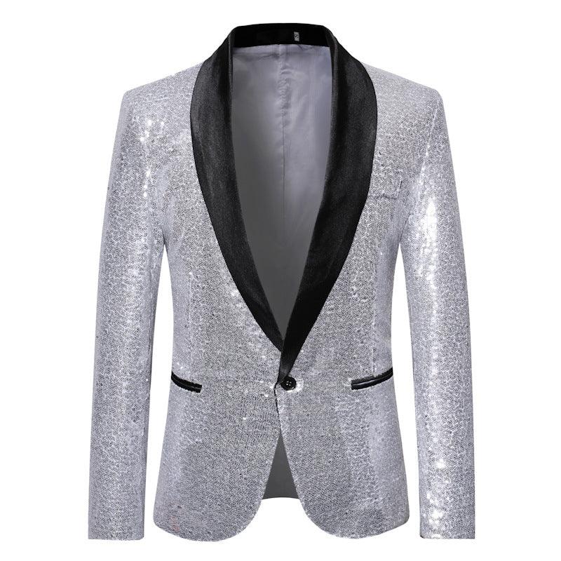 Men's sequin blazer suit in silver with black satin shawl lapels and button front