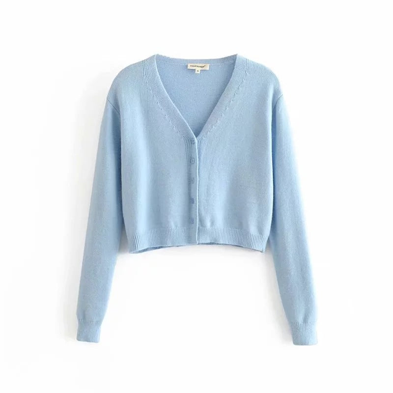 Fashion Solid Color V-neck Sweater Cardigan - WOMONA.COM
