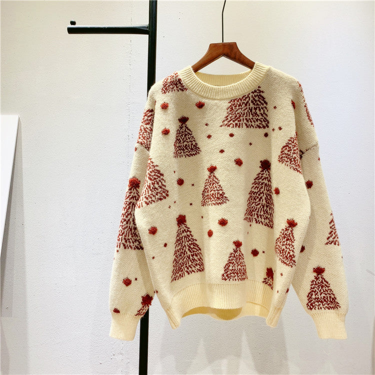 Red Christmas Tree Jacquard Warm Sweater Women - WOMONA.COM