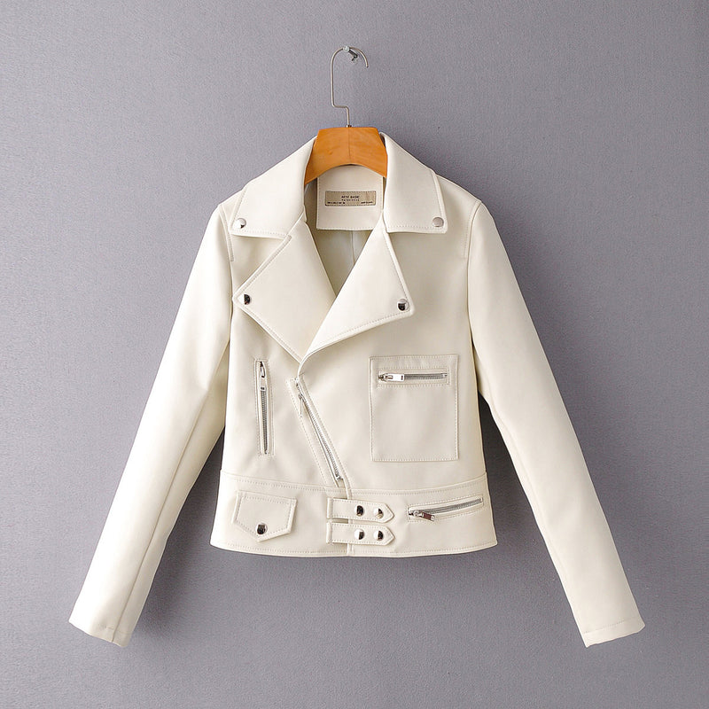 Ladies Lapel Diagonal Zipper Motorcycle Leather PU Jacket - WOMONA.COM