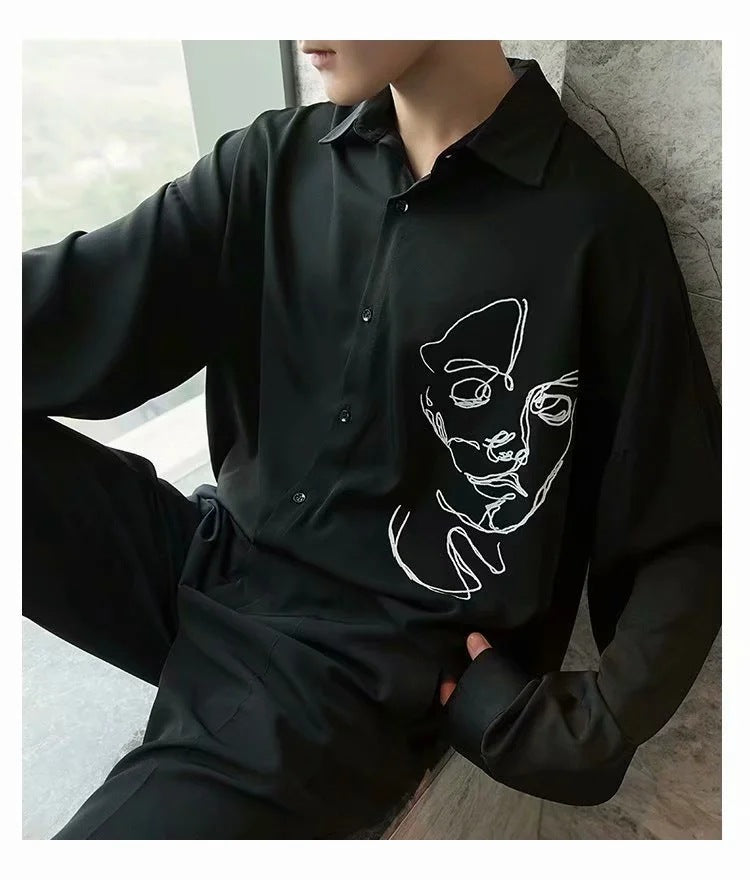 Men's casual long sleeve loose printed shirt - WOMONA.COM