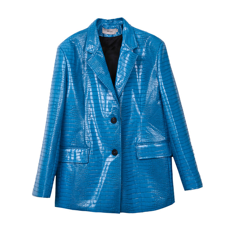 Korean blue pattern loose shoulder leather jacket - WOMONA.COM