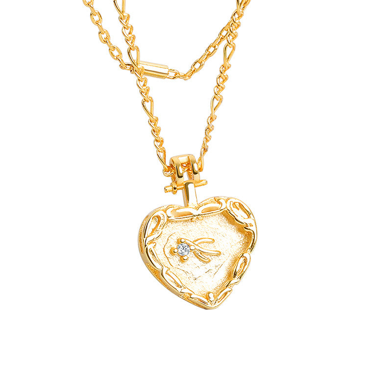 Simple Embossed Heart Necklace Double French Necklace - WOMONA.COM