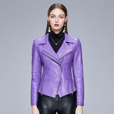 Trendy Motorcycle Leather Slim V-Neck Women's Leather Jacket - WOMONA.COM