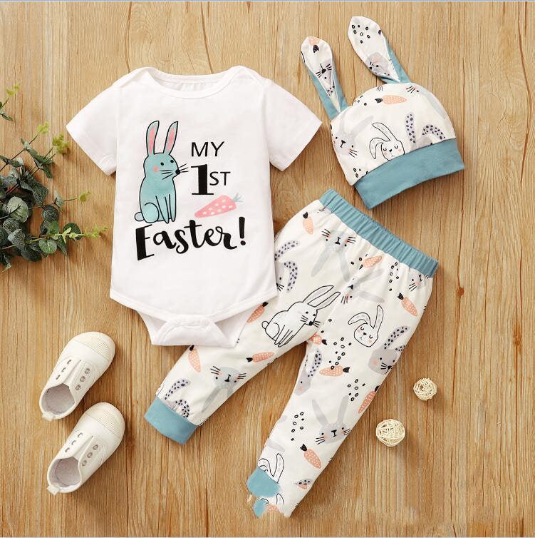 New Easter Print Rabbit Romper Three Piece 2 Colors - WOMONA.COM
