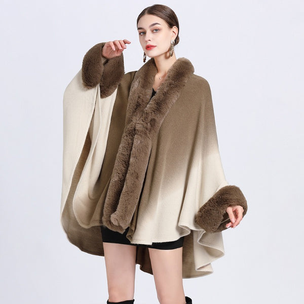 Rabbit Fur Collar Shawl Cape Knitted Cardigan Baggy Coat - WOMONA.COM