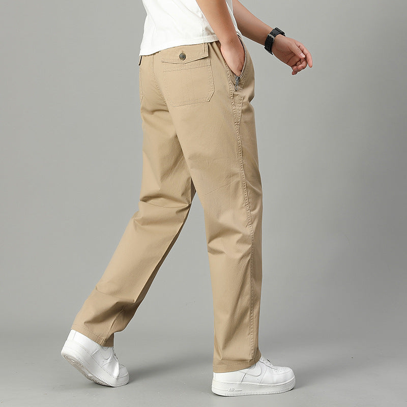 Beige earth-tone cotton casual long pants with side pockets and button waist.