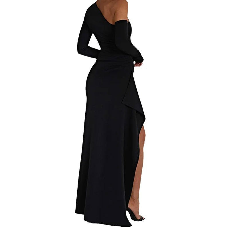 Sexy Waist Trimming Split Sloping Shoulder Dress - WOMONA.COM