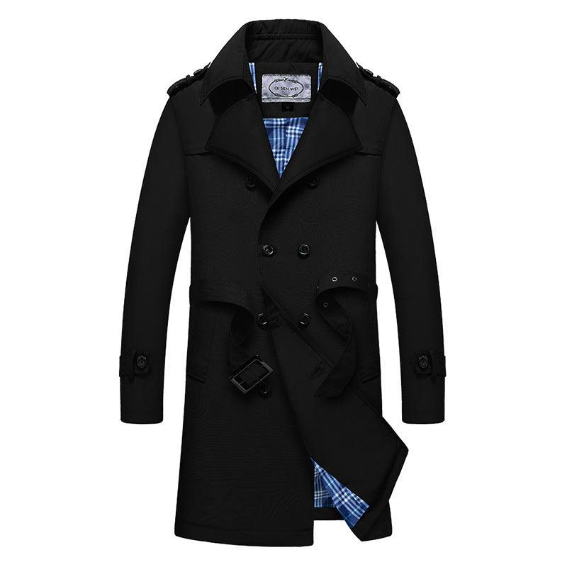 Black business casual jacket with plaid lining, button front, and belt strap details.