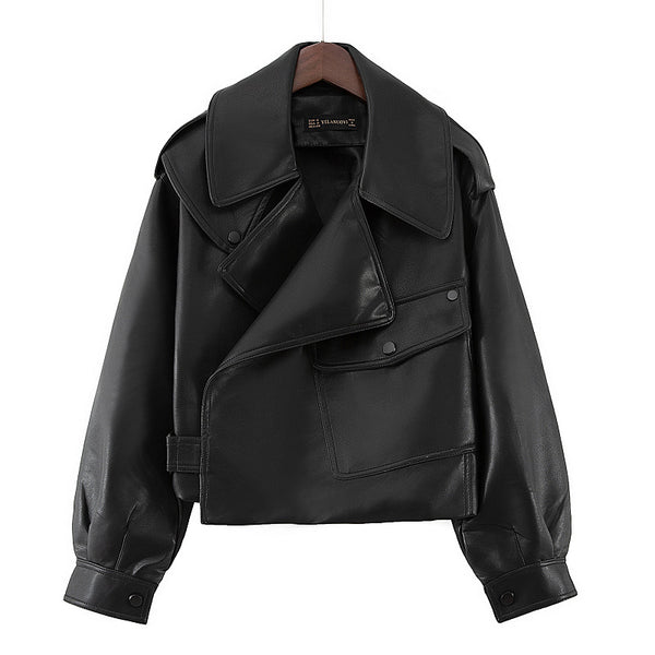 Loose cropped leather jacket motorcycle jacket - WOMONA.COM