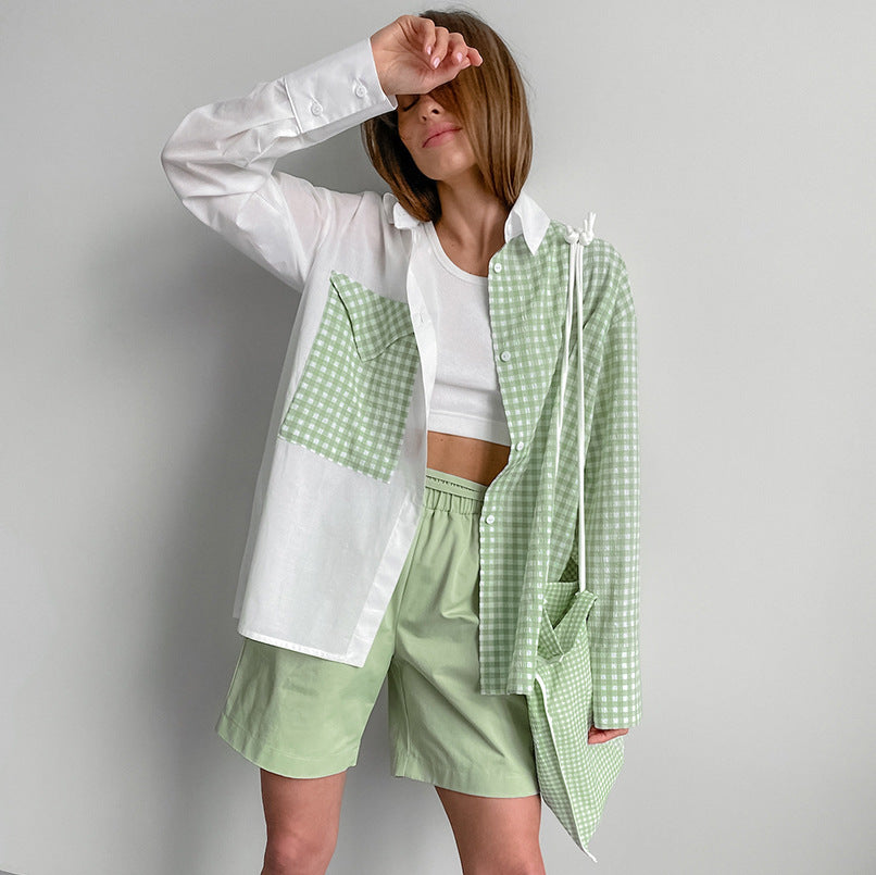 Women's contrast plaid shirt and shorts set