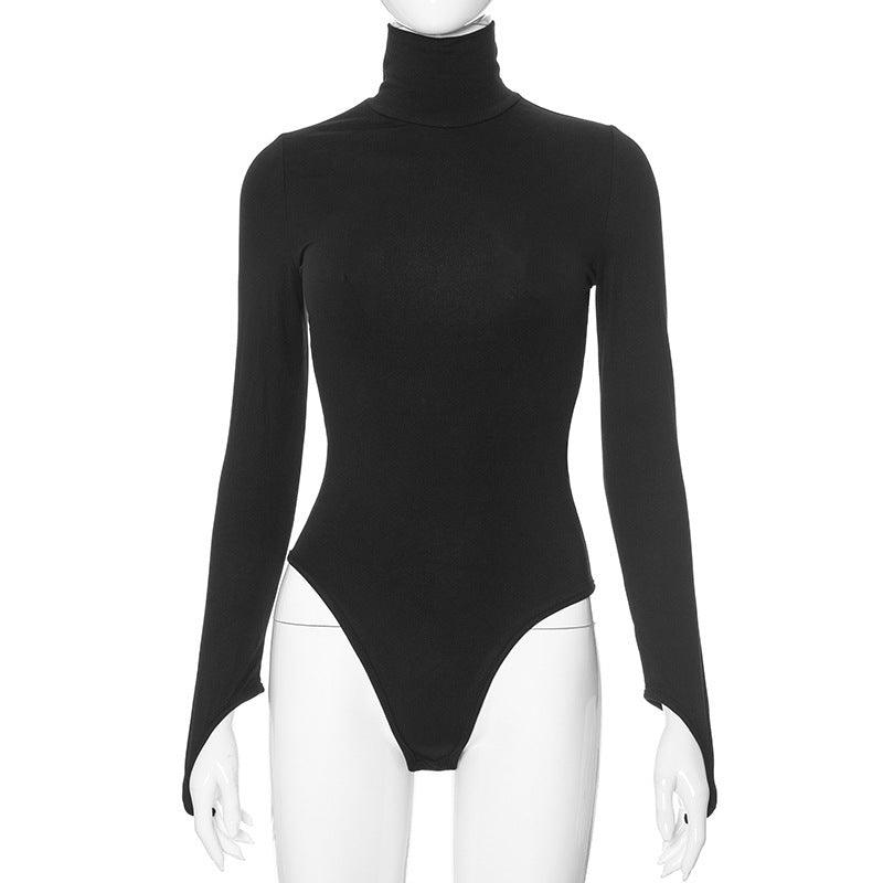 Black long-sleeve high-neck bodysuit with close fit and full-length sleeves