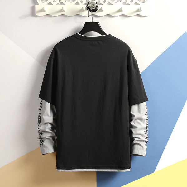 Fake two printed round collar T-shirts - WOMONA.COM