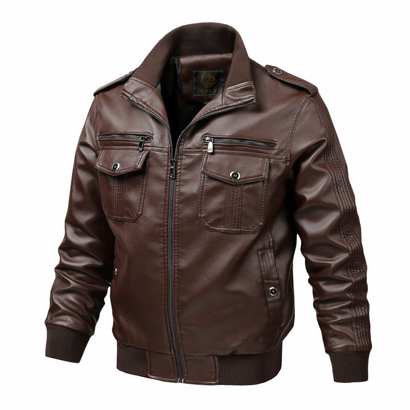 Men's extended-size stand-collar PU jacket