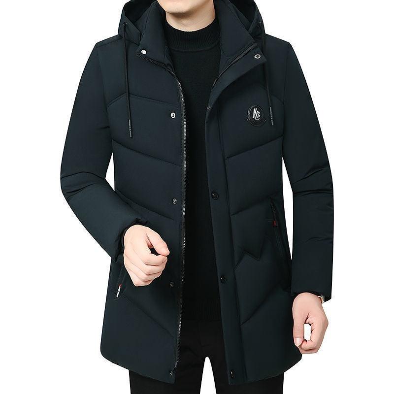 Men's black hooded winter parka coat with quilted insulation and button front