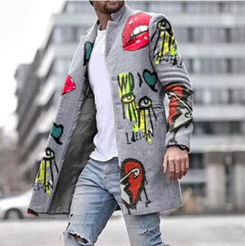 Men's Grey Graffiti Print Long Coat