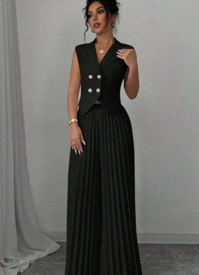 Women's black sleeveless button-front vest top with pleated straight pants set