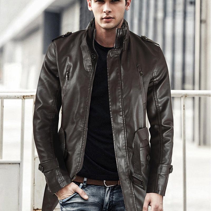 Dark brown stand-collar leather coat with front zipper and flap pockets, long sleeves