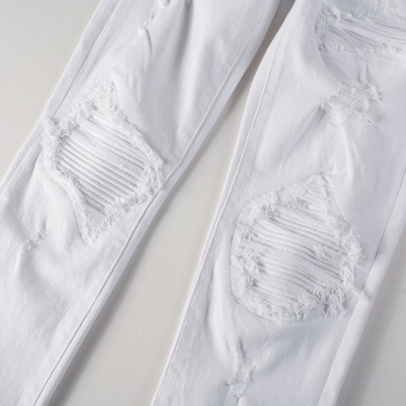 White Patch With Holes In Elastic Small Leg Jeans For Men - WOMONA.COM