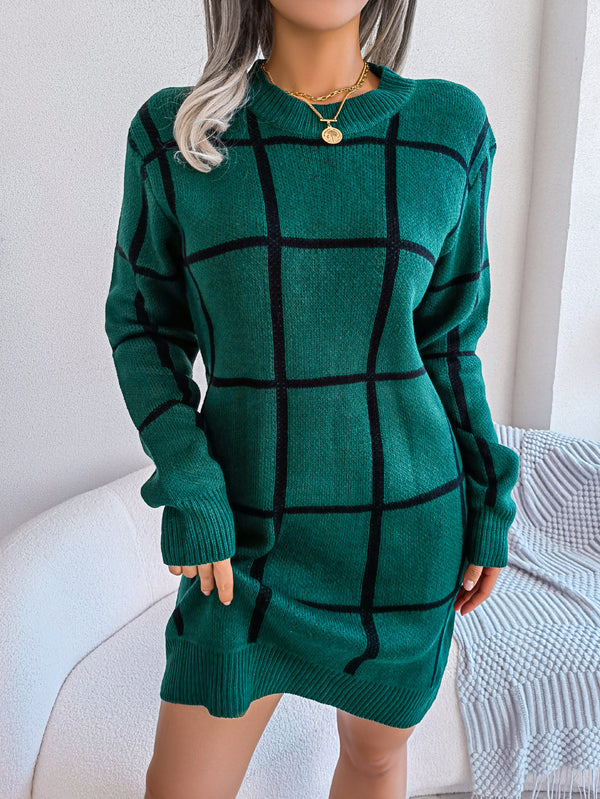 Casual Contrast Color Plaid Long Sleeve Base Sweater Dress - WOMONA.COM