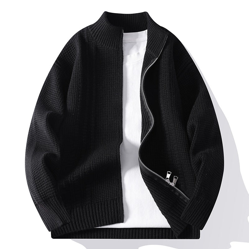 Black knitted cardigan jacket with ribbed mock neck and diagonal zipper detail