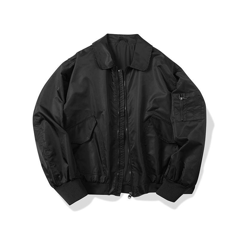 Men's black baseball jacket with stand collar, full-zip front, ribbed cuffs and pockets