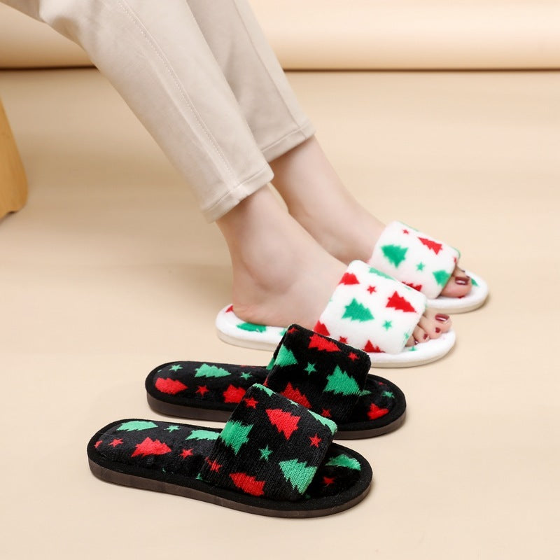 Christmas Tree Home Slippers Fashion Floor Bedroom Open-toe Plush Slippers For Women Fuzzy House Shoes