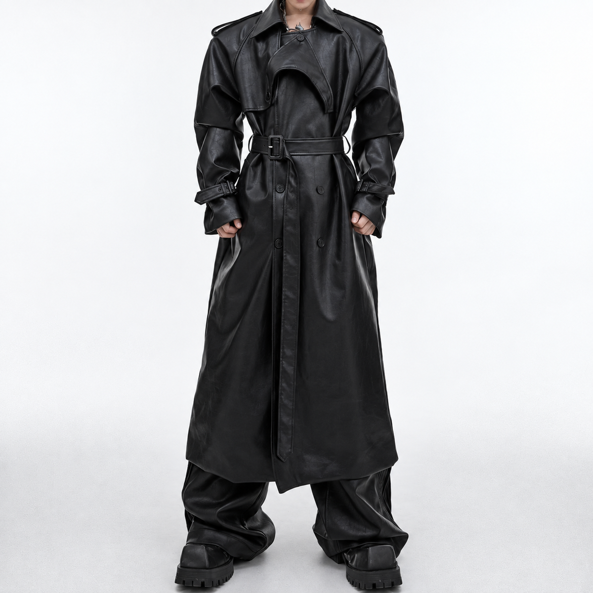 Black deconstructed faux-leather long coat