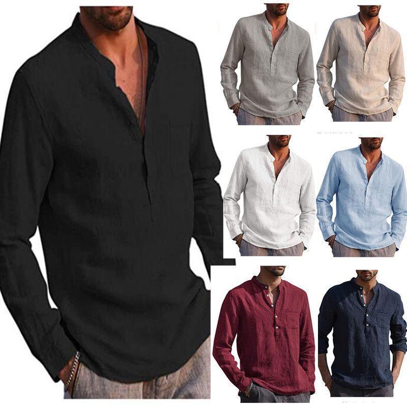 Men's black linen long-sleeve henley shirt with button placket and chest pocket