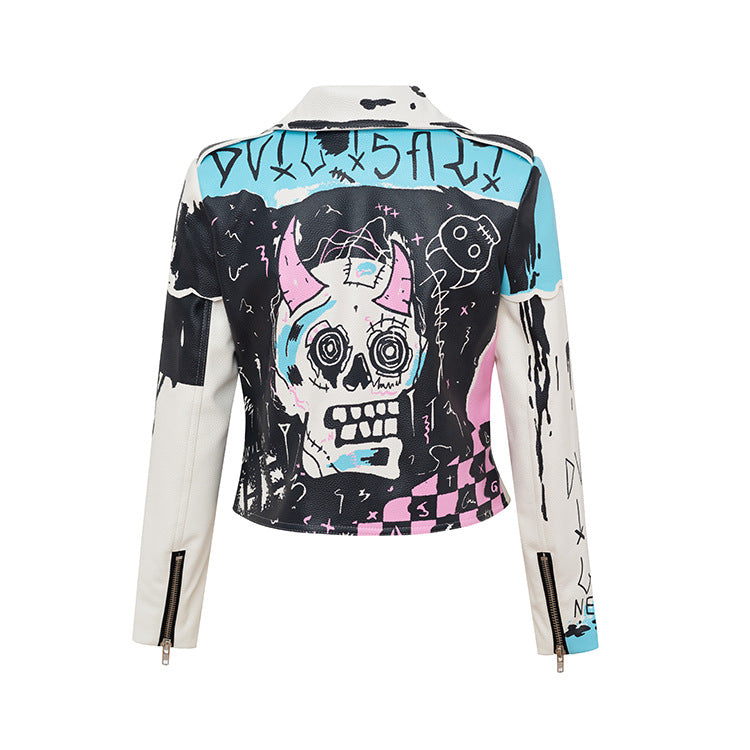 Personalized Graffiti Print Rivet Motorcycle Leather Jacket - WOMONA.COM