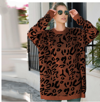 Loose leopard print sweaters with long sleeves - WOMONA.COM