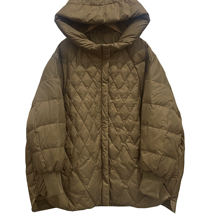 Diamond Lattice Artistic Loose White Duck Down Jacket - WOMONA.COM