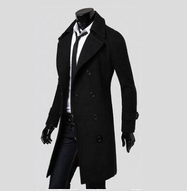 Black men's double-breasted long trench coat with lapel collar and button front