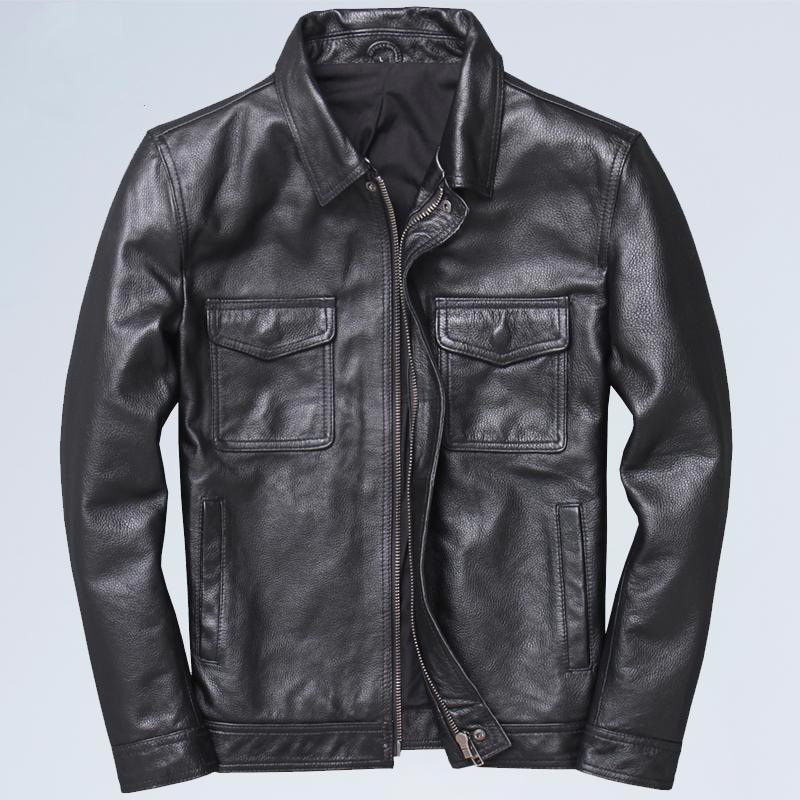 Men's retro leather jacket in black with front zipper, stand collar, and chest flap pockets